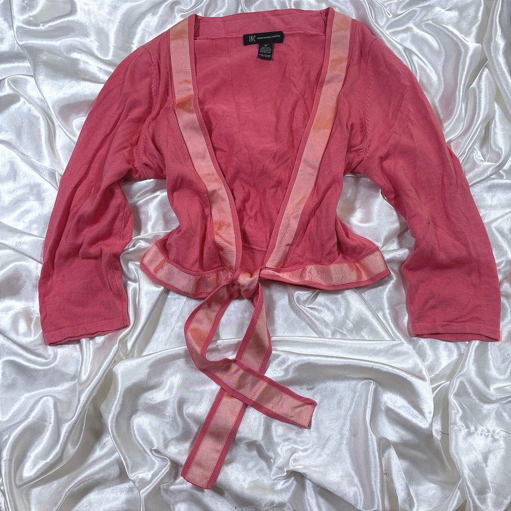 y2k Wrap Cardigan Pink Excellent Silk Cotton Blend Ribbon Trim Tie Front Crop